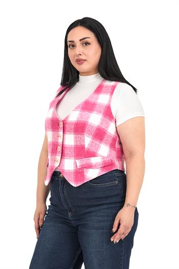 Büyük Beden Düğme Kapamalı Cep Kapaklı Astarlı Kısa Pembe Yelek