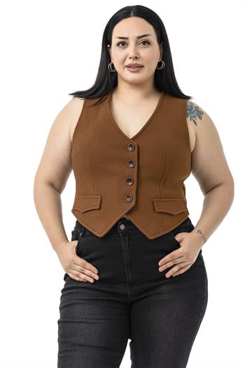 Büyük Beden Düğme Kapamalı Cep Kapaklı Astarlı Kısa Kaşe Taba Yelek