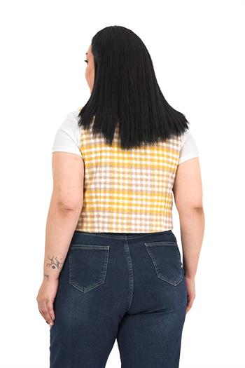 Büyük Beden Düğme Kapamalı Cep Kapaklı Astarlı Kısa Kareli Hardal Yelek