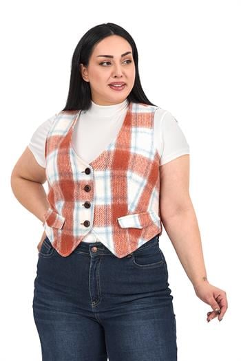 Büyük Beden Düğme Kapamalı Cep Kapaklı Astarlı Kısa Kiremit Yelek