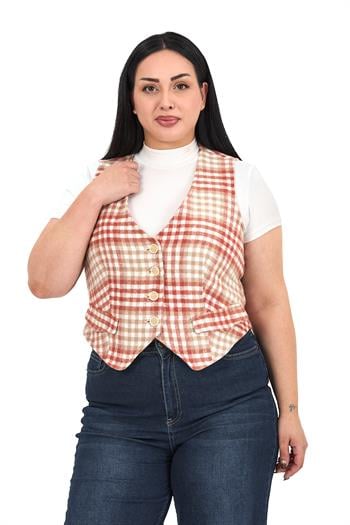 Büyük Beden Düğme Kapamalı Cep Kapaklı Astarlı Kısa Kareli Kiremit Yelek