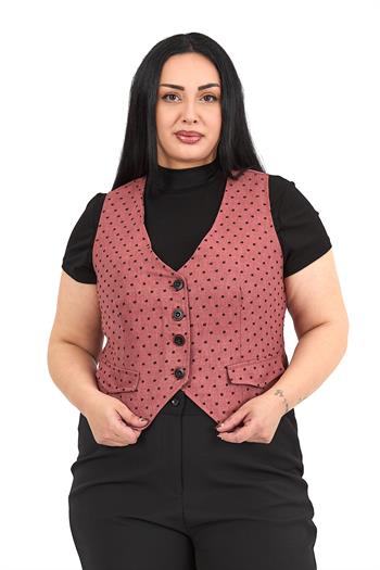 Büyük Beden Düğme Kapamalı Cep Kapaklı Astarlı Kısa Puanlı Gül Kurusu Yelek