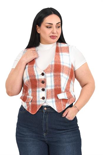 Büyük Beden Düğme Kapamalı Cep Kapaklı Astarlı Kısa Kiremit Yelek