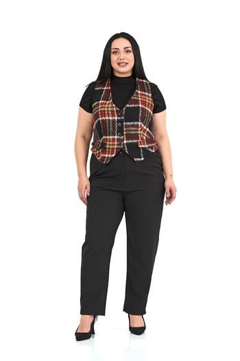 Büyük Beden Düğme Kapamalı Cep Kapaklı Astarlı Kısa Çizgili Kaşe Siyah Yelek