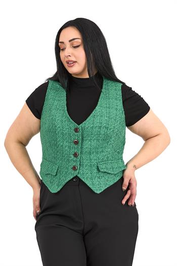 Büyük Beden Düğme Kapamalı Cep Kapaklı Astarlı Kısa Buklet Yeşil Yelek
