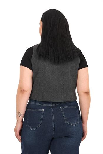 Büyük Beden Düğme Kapamalı Cep Kapaklı Astarlı Kısa Kaşe Antrasit Yelek