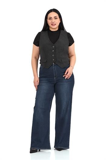 Büyük Beden Düğme Kapamalı Cep Kapaklı Astarlı Kısa Kaşe Koyu Gri Yelek