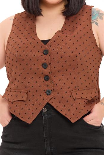 Büyük Beden Düğme Kapamalı Cep Kapaklı Astarlı Kısa Puanlı Kahverengi Yelek