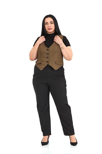 Büyük Beden Düğme Kapamalı Cep Kapaklı Astarlı Kısa Küçük Kazayağı Desenli Vizon Yelek