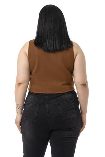 Büyük Beden Düğme Kapamalı Cep Kapaklı Astarlı Kısa Kaşe Taba Yelek
