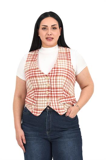 Büyük Beden Düğme Kapamalı Cep Kapaklı Astarlı Kısa Kareli Kiremit Yelek