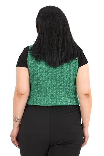 Büyük Beden Düğme Kapamalı Cep Kapaklı Astarlı Kısa Buklet Yeşil Yelek