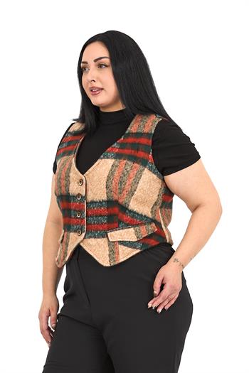 Büyük Beden Düğme Kapamalı Cep Kapaklı Astarlı Kısa Çizgili Kaşe Vizon Yelek