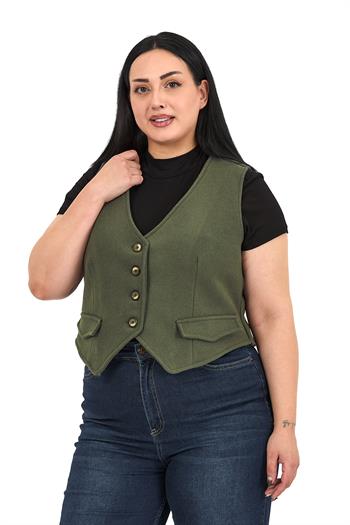 Büyük Beden Düğme Kapamalı Cep Kapaklı Astarlı Kısa Kaşe Haki Yelek