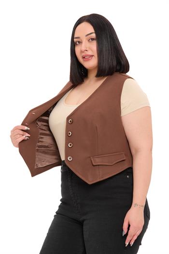 Büyük Beden Düğme Kapamalı Cep Kapaklı Astarlı Kısa Kaşe Kahverengi Yelek