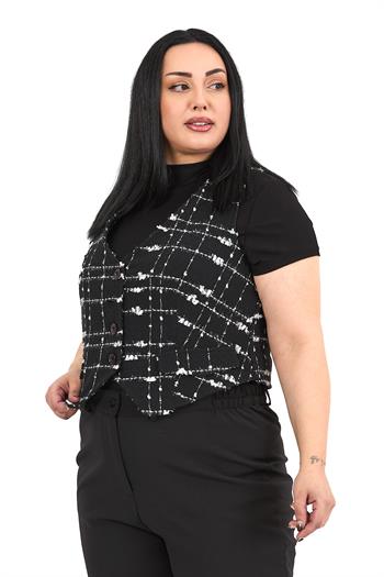 Büyük Beden Düğme Kapamalı Cep Kapaklı Astarlı Kısa Tüvit Simli Siyah Yelek