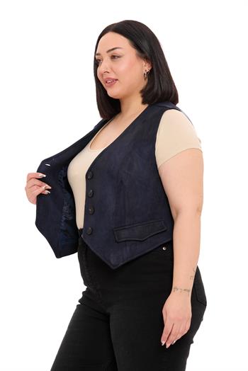 Büyük Beden Düğme Kapamalı Cep Kapaklı Astarlı Kısa Süet Lacivert Yelek