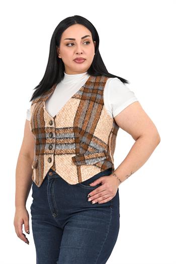 Büyük Beden Düğme Kapamalı Cep Kapaklı Astarlı Kısa Çizgili Kaşe Bej Rengi Yelek