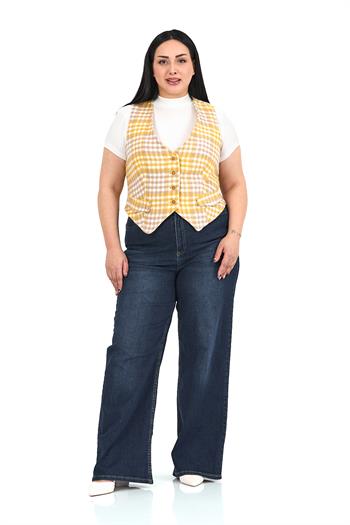 Büyük Beden Düğme Kapamalı Cep Kapaklı Astarlı Kısa Kareli Hardal Yelek