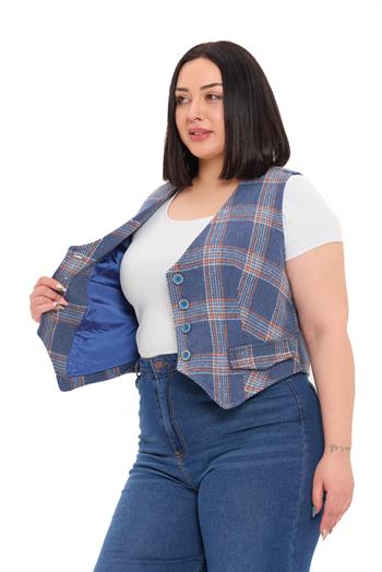 Büyük Beden Düğme Kapamalı Cep Kapaklı Astarlı Kısa İndigo Yelek