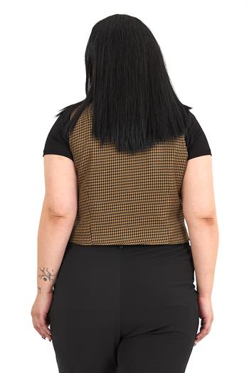 Büyük Beden Düğme Kapamalı Cep Kapaklı Astarlı Kısa Küçük Kazayağı Desenli Vizon Yelek