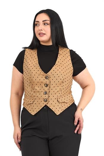 Büyük Beden Düğme Kapamalı Cep Kapaklı Astarlı Kısa Puanlı Bej Rengi Yelek