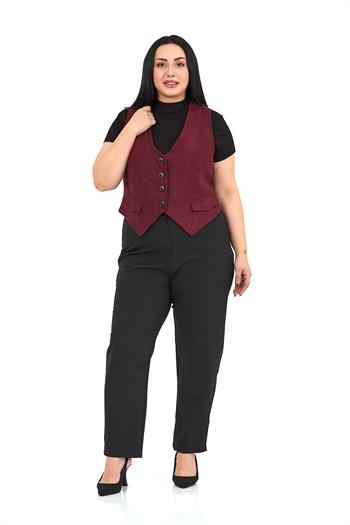 Büyük Beden Düğme Kapamalı Cep Kapaklı Astarlı Kısa Kaşe Bordo Yelek