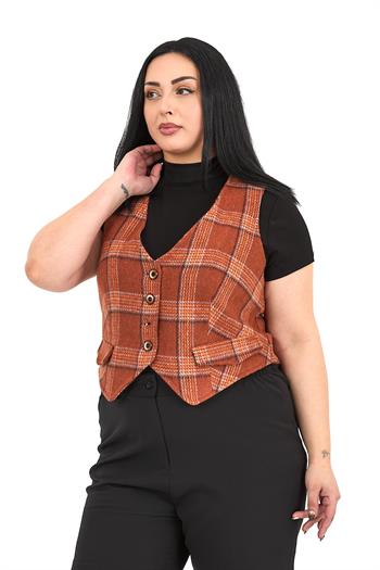 Büyük Beden Düğme Kapamalı Cep Kapaklı Astarlı Kısa Tarçın Yelek
