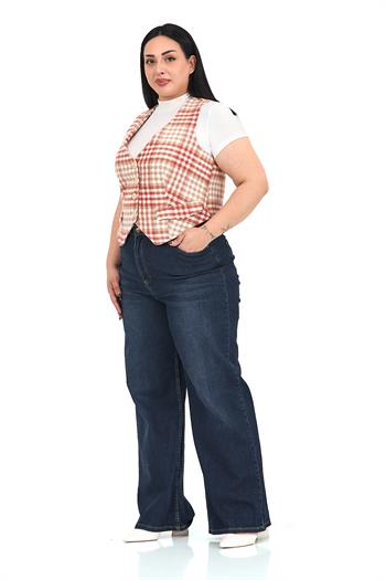 Büyük Beden Düğme Kapamalı Cep Kapaklı Astarlı Kısa Kareli Kiremit Yelek