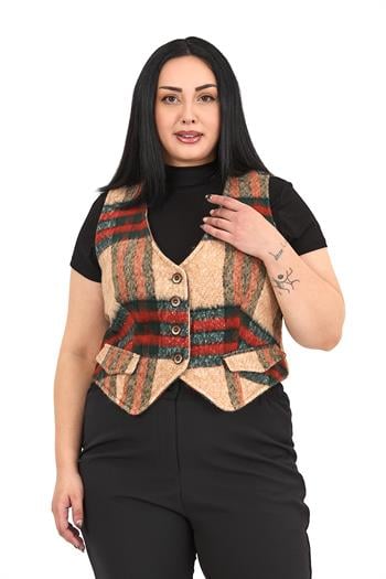 Büyük Beden Düğme Kapamalı Cep Kapaklı Astarlı Kısa Çizgili Kaşe Vizon Yelek