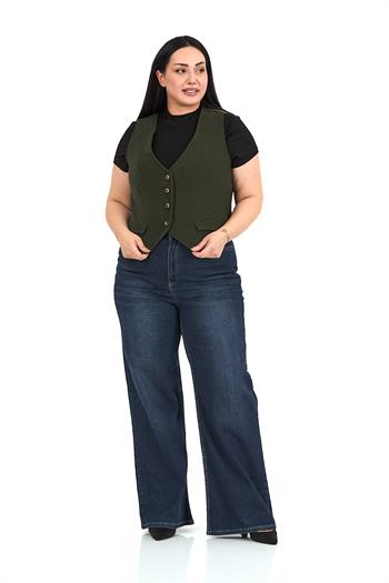 Büyük Beden Düğme Kapamalı Cep Kapaklı Astarlı Kısa Fitilli Haki Yelek