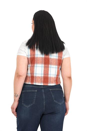 Büyük Beden Düğme Kapamalı Cep Kapaklı Astarlı Kısa Kiremit Yelek