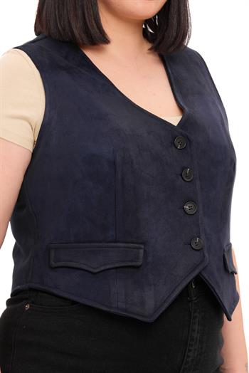 Büyük Beden Düğme Kapamalı Cep Kapaklı Astarlı Kısa Süet Lacivert Yelek