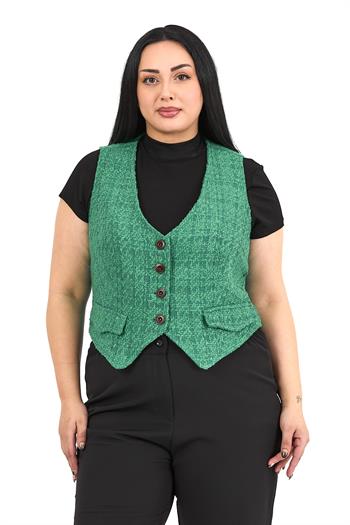 Büyük Beden Düğme Kapamalı Cep Kapaklı Astarlı Kısa Buklet Yeşil Yelek