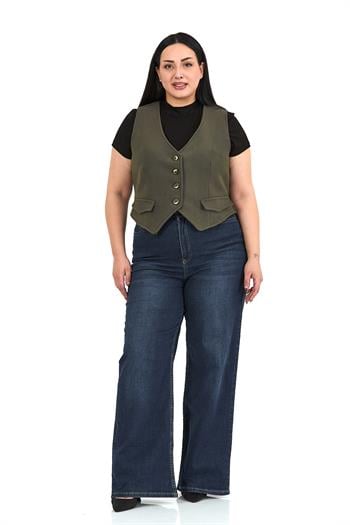 Büyük Beden Düğme Kapamalı Cep Kapaklı Astarlı Kısa Kaşe Haki Yelek