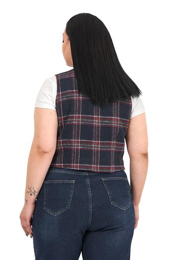 Büyük Beden Düğme Kapamalı Cep Kapaklı Astarlı Kısa Lacivert Yelek