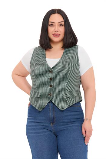 Büyük Beden Düğme Kapamalı Cep Kapaklı Astarlı Kısa Küçük Kazayağı Desenli Mint Yeşili Yelek