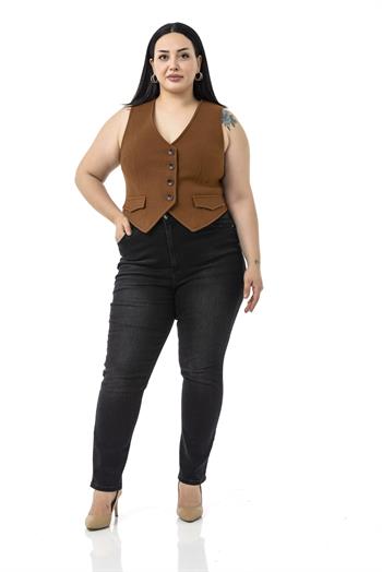 Büyük Beden Düğme Kapamalı Cep Kapaklı Astarlı Kısa Kaşe Taba Yelek
