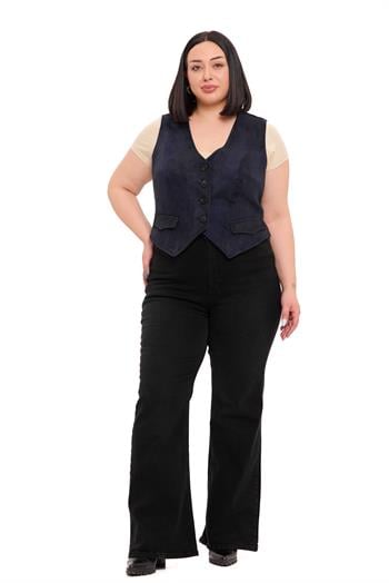 Büyük Beden Düğme Kapamalı Cep Kapaklı Astarlı Kısa Süet Lacivert Yelek