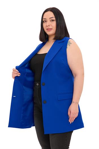 Büyük Beden Düğmeli Kapaklı Cepli Astarlı Uzun Saks Mavi Yelek