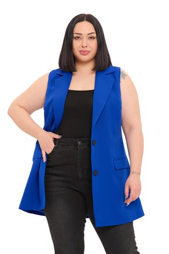 Büyük Beden Düğmeli Kapaklı Cepli Astarlı Uzun Saks Mavi Yelek