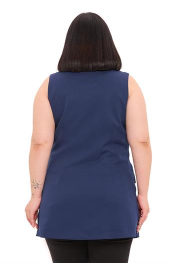 Büyük Beden Düğmeli Kapaklı Cepli Astarlı Uzun Lacivert Yelek