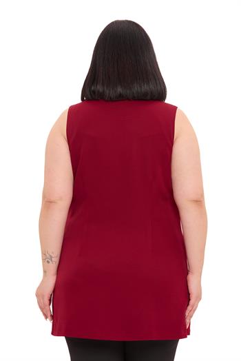 Büyük Beden Düğmeli Kapaklı Cepli Astarlı Uzun Bordo Yelek