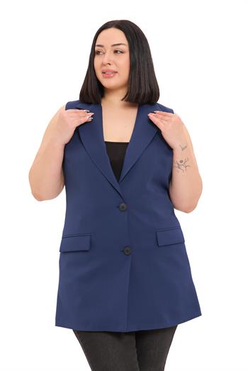 Büyük Beden Düğmeli Kapaklı Cepli Astarlı Uzun Lacivert Yelek