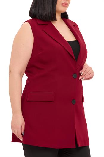 Büyük Beden Düğmeli Kapaklı Cepli Astarlı Uzun Bordo Yelek