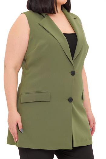 Büyük Beden Düğmeli Kapaklı Cepli Astarlı Uzun Haki Yelek