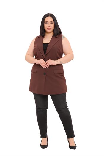 Büyük Beden Düğmeli Kapaklı Cepli Astarlı Uzun Kahverengi Yelek