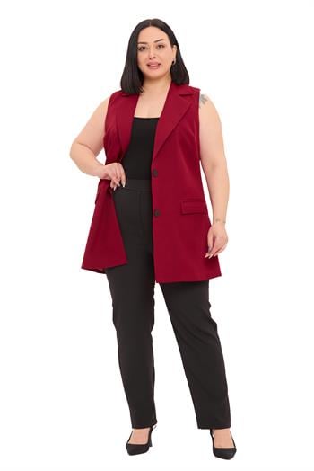 Büyük Beden Düğmeli Kapaklı Cepli Astarlı Uzun Bordo Yelek