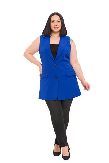 Büyük Beden Düğmeli Kapaklı Cepli Astarlı Uzun Saks Mavi Yelek