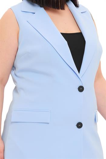 Büyük Beden Düğmeli Kapaklı Cepli Astarlı Uzun Bebe Mavi Yelek